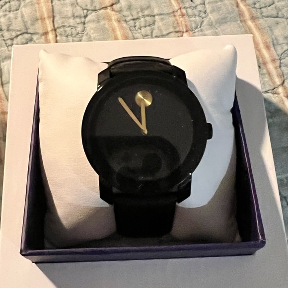 Movido “Bold” all blk w gold dial and blk lthr band - Picture 6 of 7